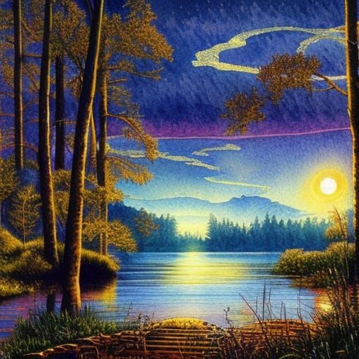 Moonlit Lake in the Rain