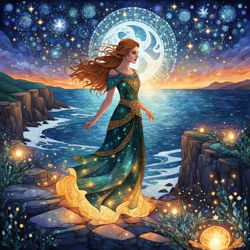 Mosaic Art: Scottish Woman Under a Starry Moon