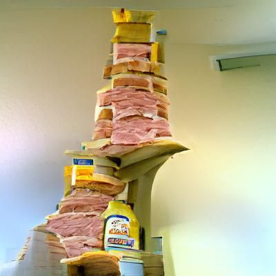 Tower of the leaning ham and cheese sandwich