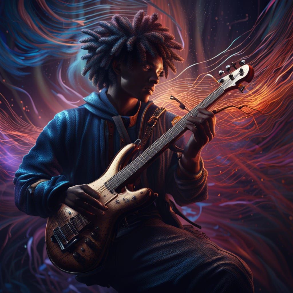 A musician captured in the sound waves of music  by @Sentient Carcass