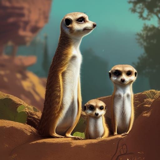 Portrait of a cute little meercat family with big eyes watching”, by ...