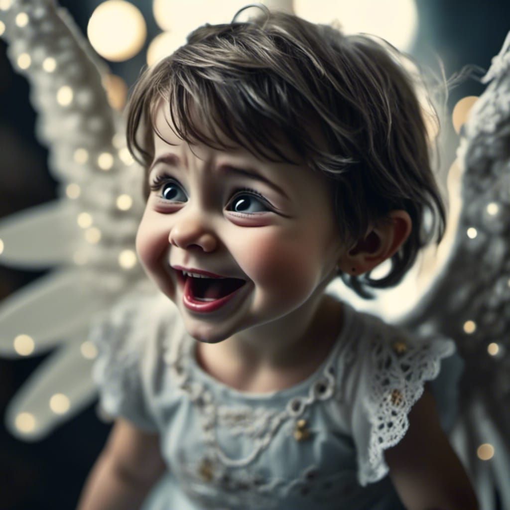 cinematic film still of a cute goth girl angel giggling, absolutely adorable with hyperdetailed eye retinas. highly detailed, shallow depth...