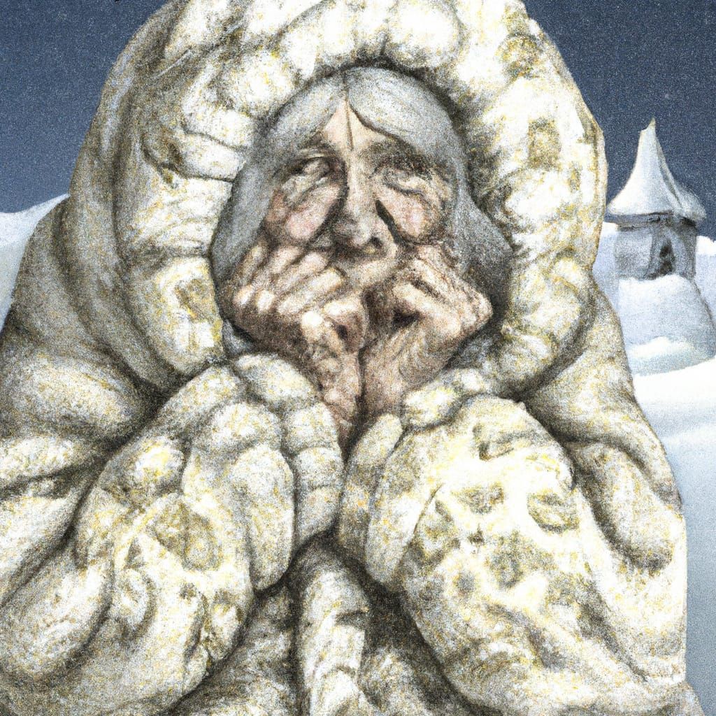 Pity Old woman Winter, fur coat, white hair, very old, wrink...