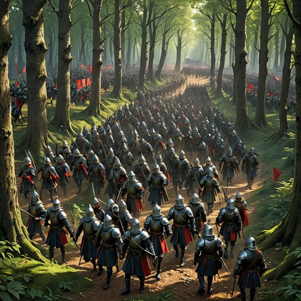 a card with a scene of a Medieval army marching through a fo...