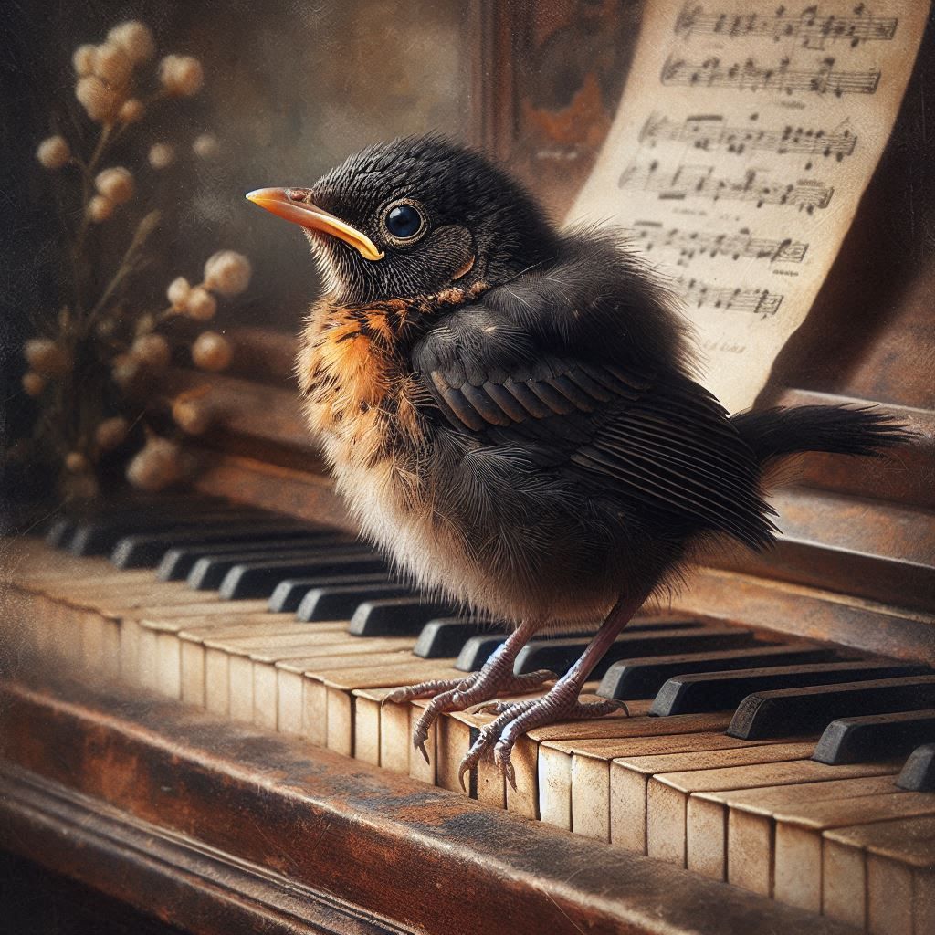 a blackbird chick sits on the piano
