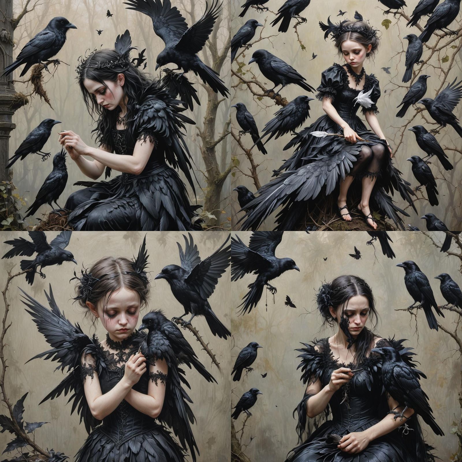 Gothic. Hyperrealism. Small fairy cleaning the feathers on a crow.