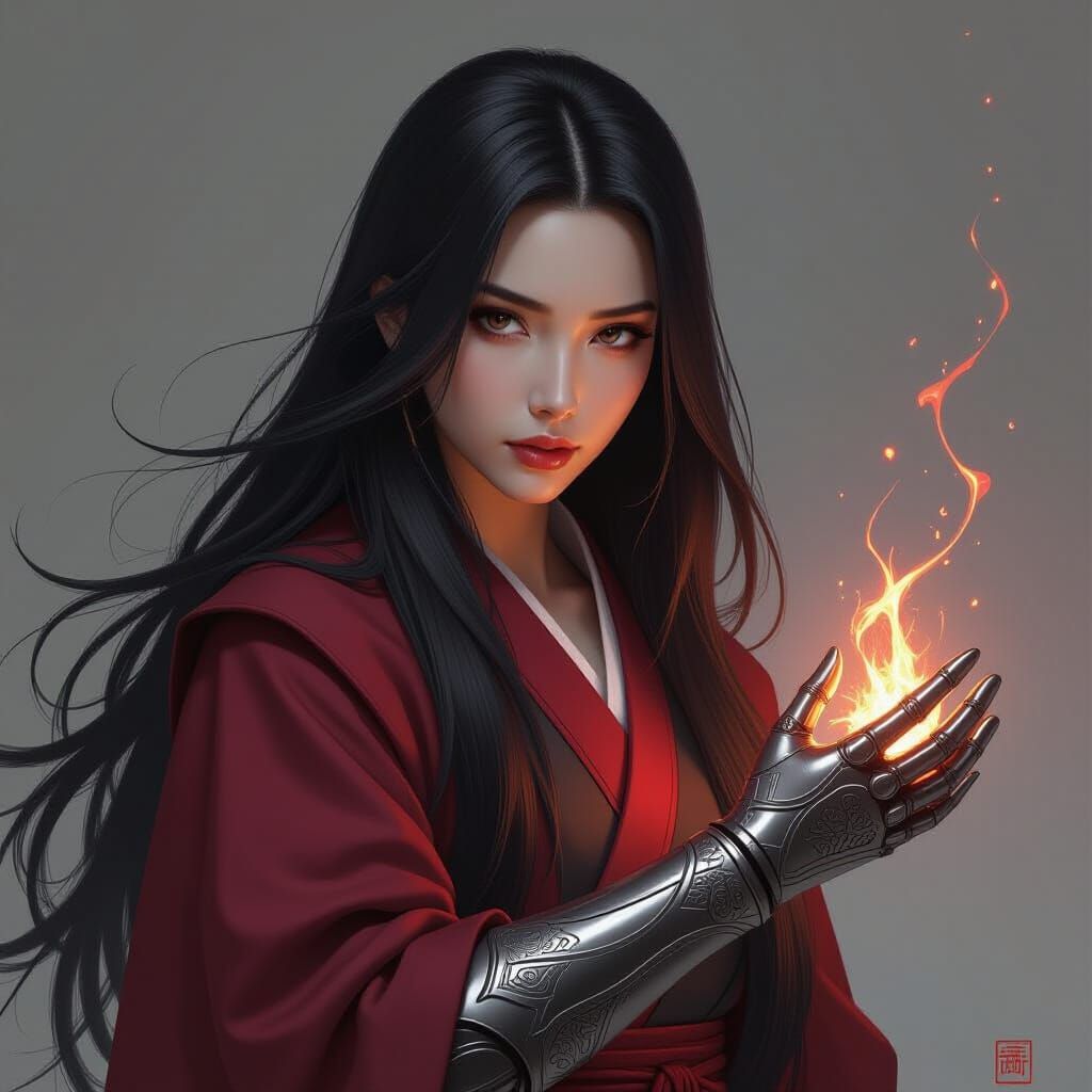 She stands poised like a mountain before a storm—serene, yet brimming with latent power. Her long, jet-black hair flows freely down her back...