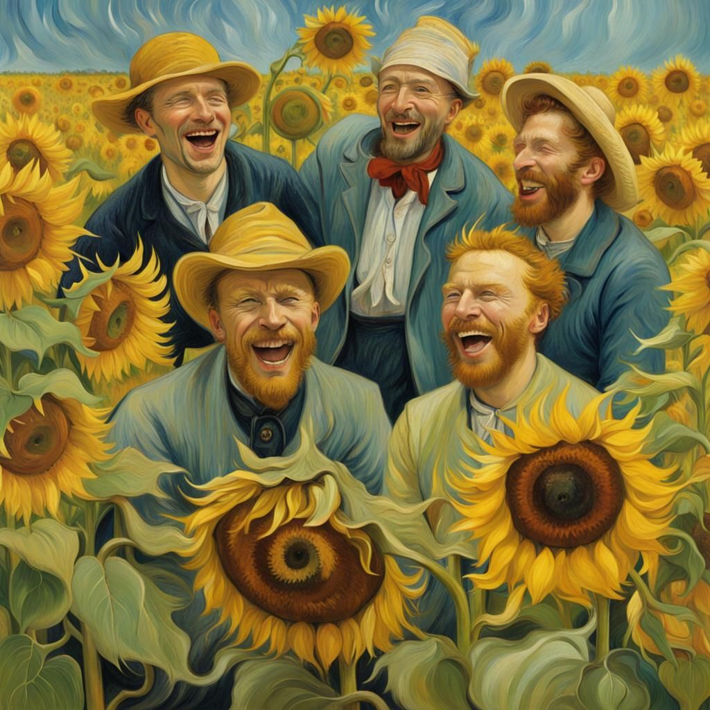 Van Gogh and other artists laughing in a field of laughing sunflowers  by @undefined