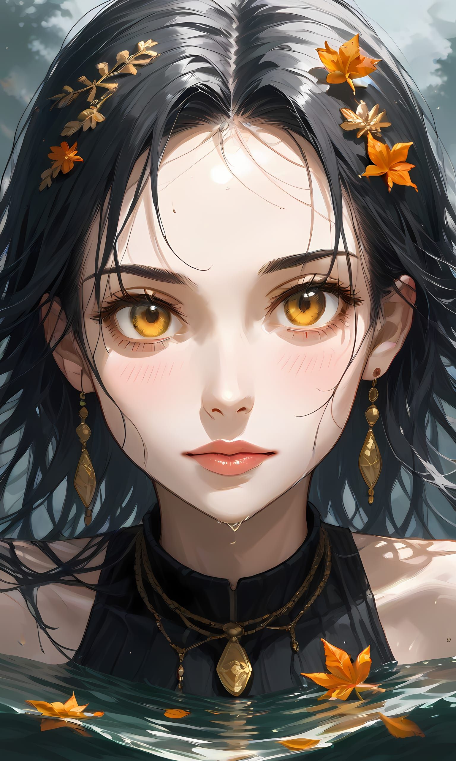 Black-haired girl submerged in a small pool of water.