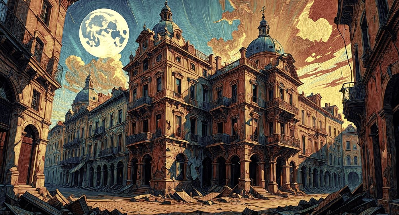 Surrealist painting in Baroque style: a decaying cityscape, worn buildings, distorted proportions, strong contrasts, broken geometry, strang...