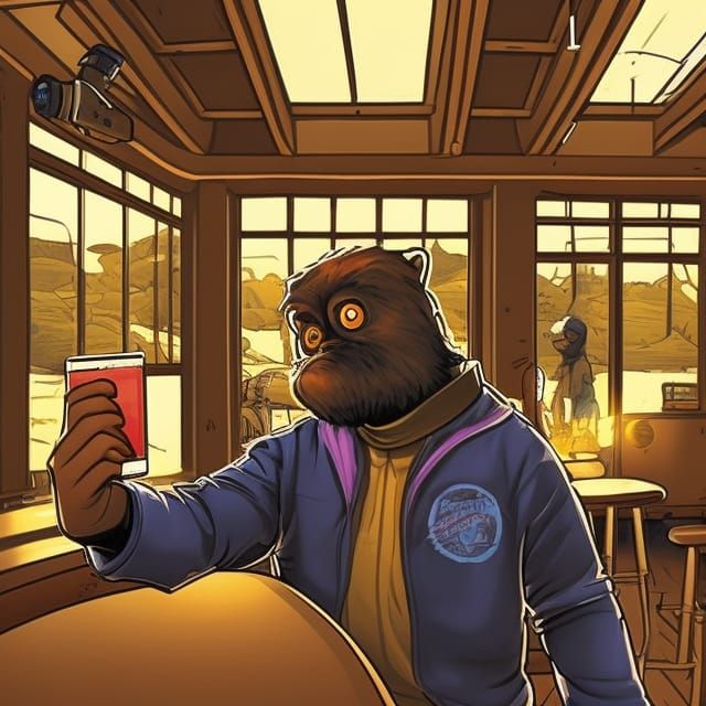 Bigfoot bit shy taking a selfie in a pub after a long hike