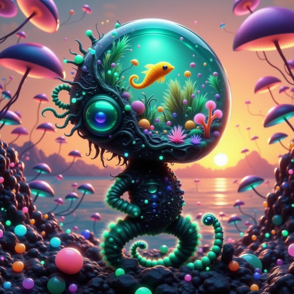 Oceanic Android with Glass Head: Hyperrealistic is A striking picture of a futuristic robot with a glass head. Inside, a miniature ocean eco...