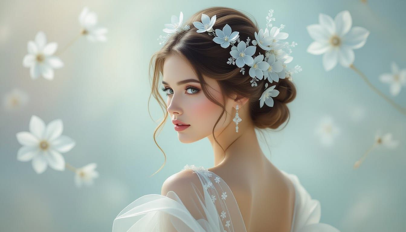 A portrait of a woman whose hair is styled into an elaborate updo, adorned with delicate, spun-glass flowers that catch the light. Her dress...