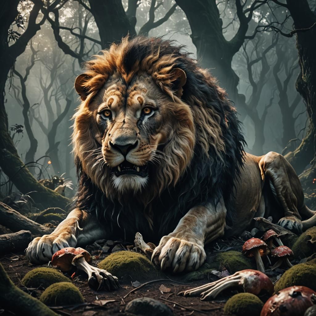Lion Devouring Corpse in Mystical Forest