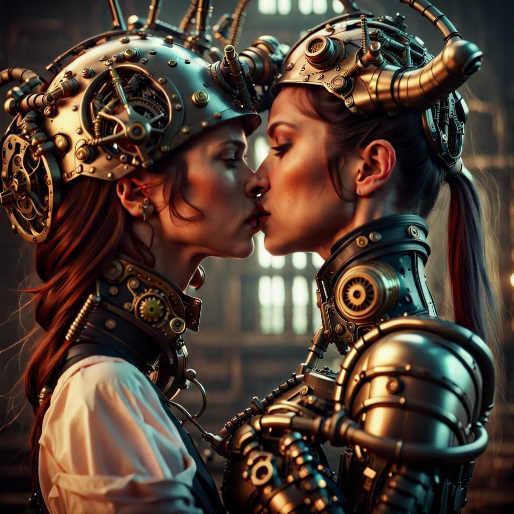 Two steampunk women kiss
