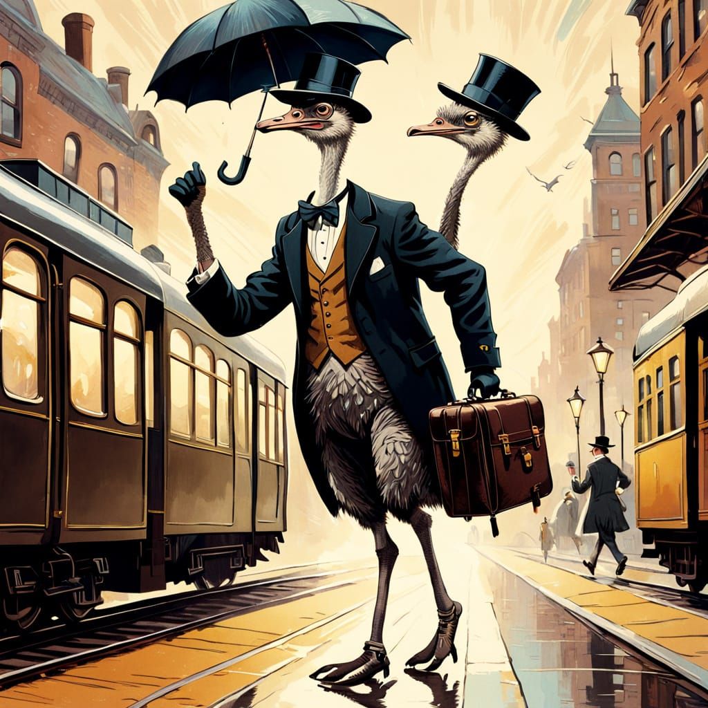 The style is the 1950's. An ostrich in  a top hat running for his train. With an umbrella and a brief case 