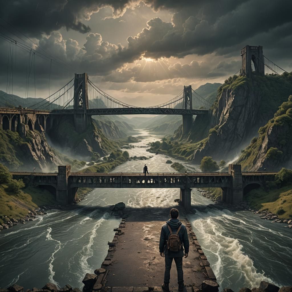 A guy in front of him. There is a breaking bridge and he cannot go to other side because of highly speed river barrier him and he looks desp...