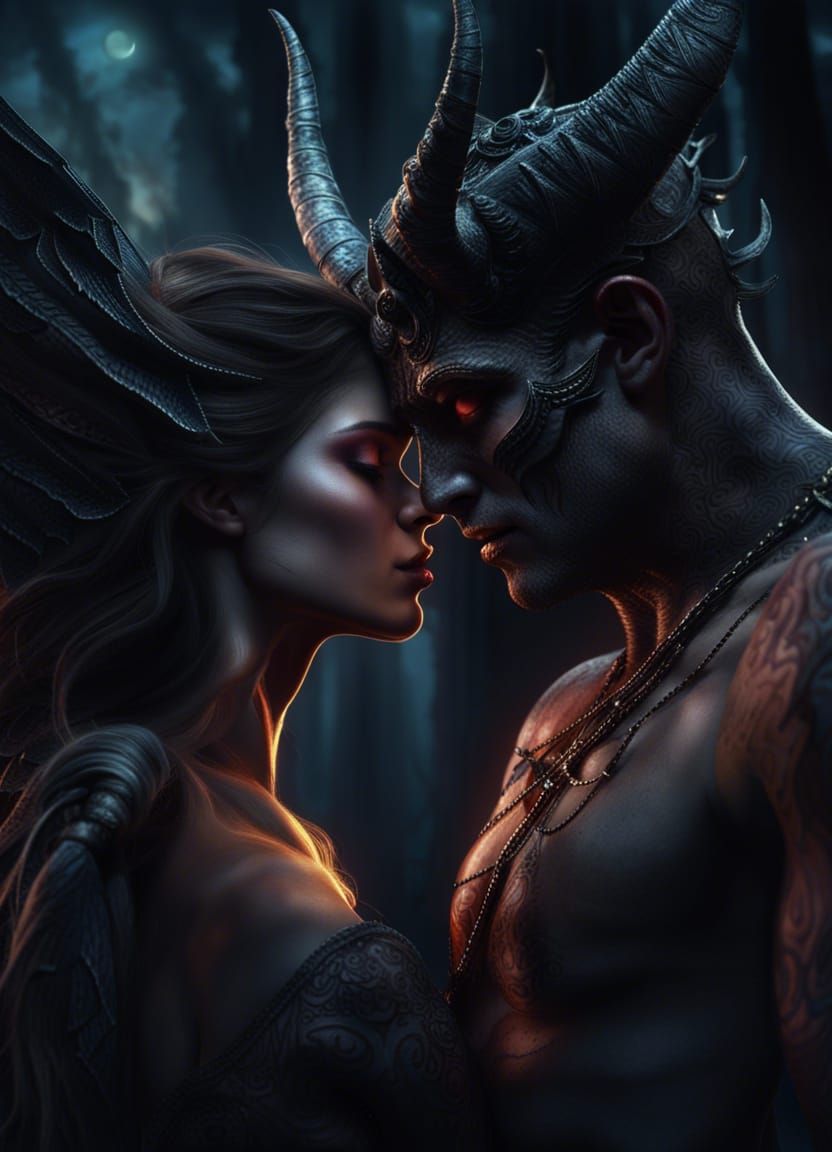 Attractive Incubus Demon Man Chiseled Face Devil Horns Embracing Beautiful Fallen Angel Woman 4585