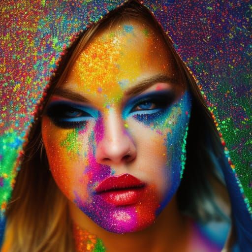 female warrior covered in multi-colored glitter fighting the...