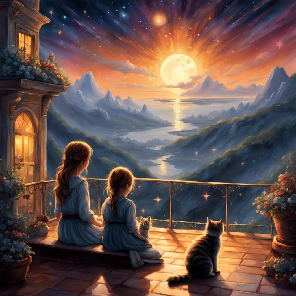 deux enfants et un chat qui sont assis sur une terrasse le soir pour observer les étoiles hyperdetailed ...  by @Dom