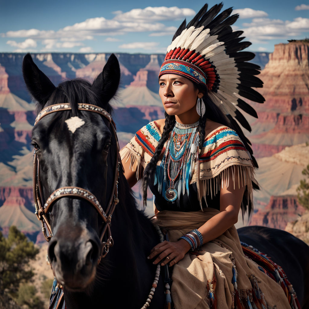 American Native woman with her horse