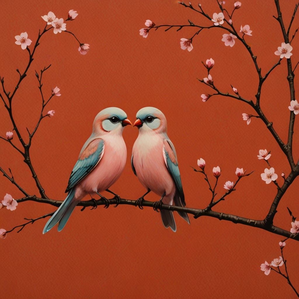 Pastel Lovebirds on Cherry Blossom Branch