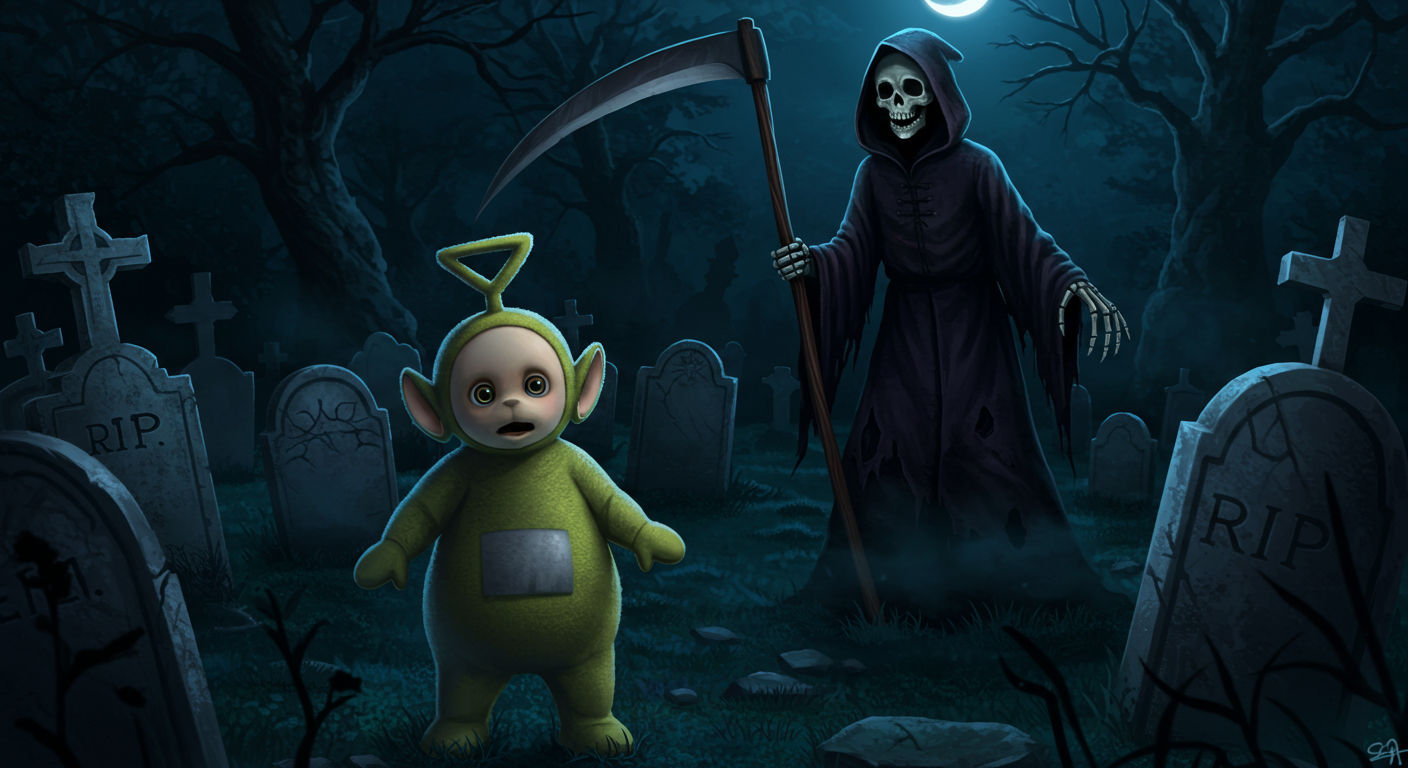 Teletubby taken away by the Grim Reaper
