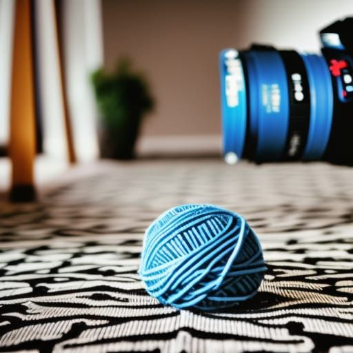 A large ball of blue yarn strung across the floor