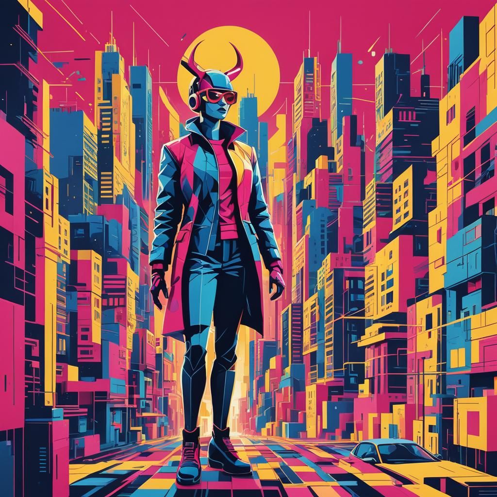 Heroic Woman in Abstract Cityscape: Pop Art Style