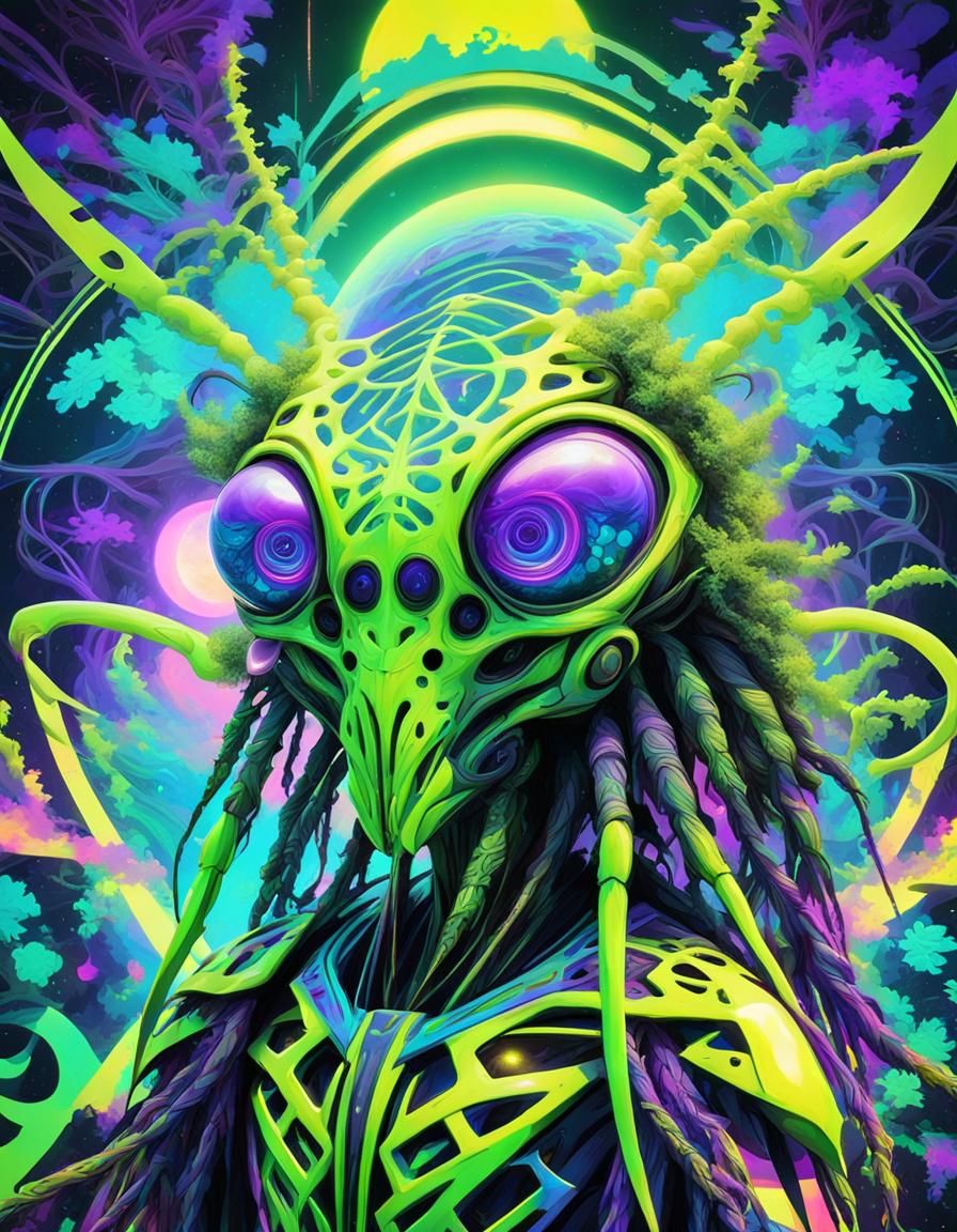 An alien digital psychedelic world and a mysterious alien ma...