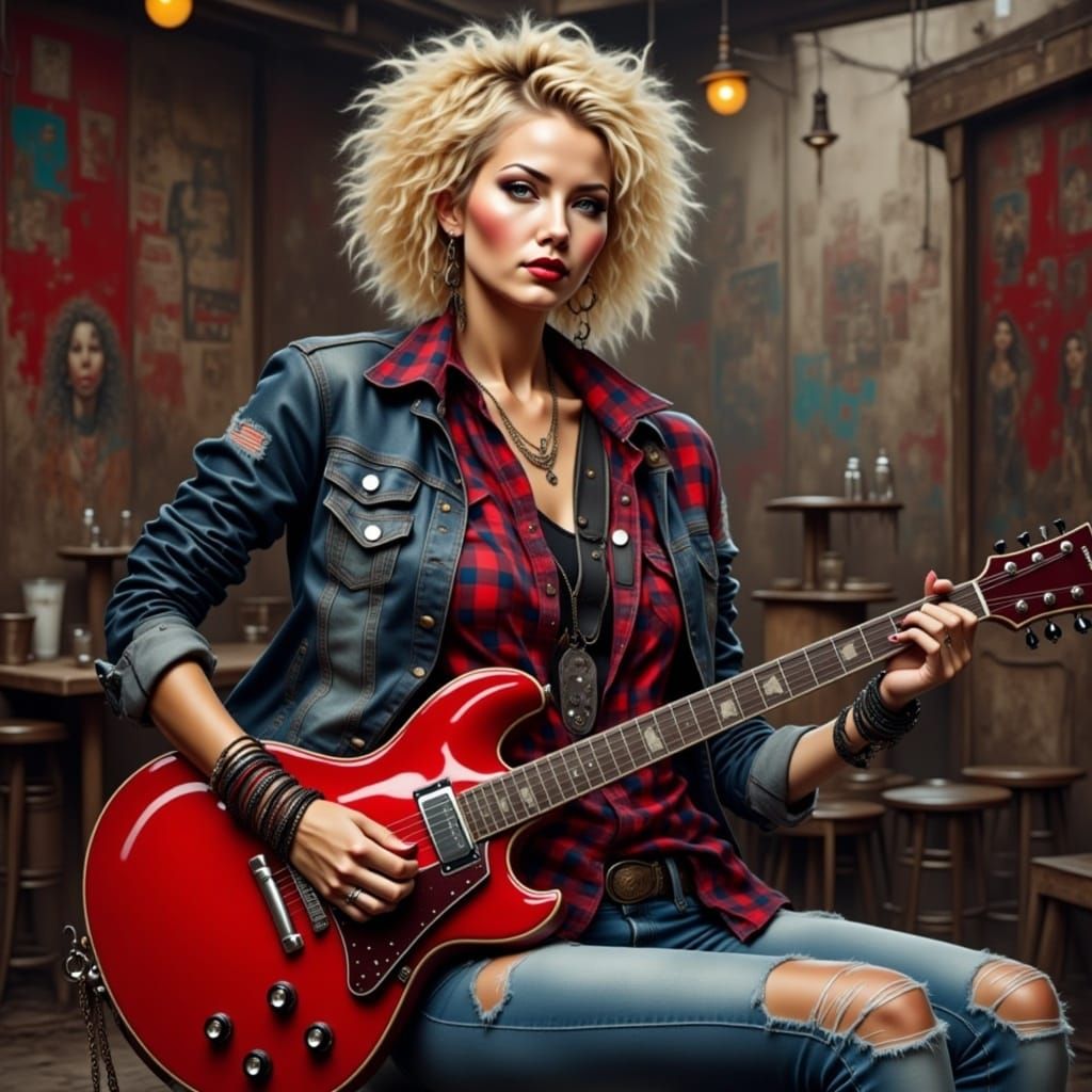 <lora:GrungeFlux:1.0>  portrait from the waist up of beautiful woman, checkered red shirt, ripped jeans, denim jacket, bracelets, blond  sho...