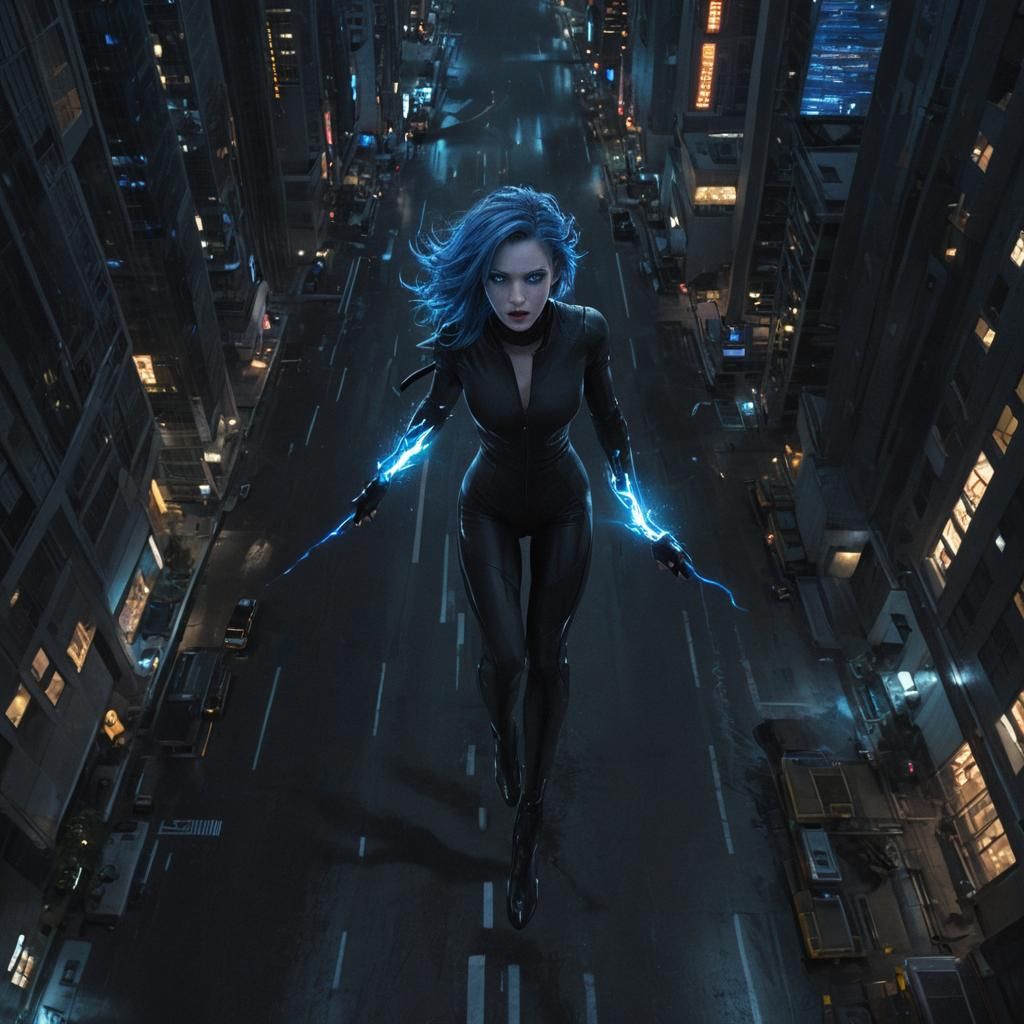 Electric Woman Runs Through Cyberpunk Cityscape