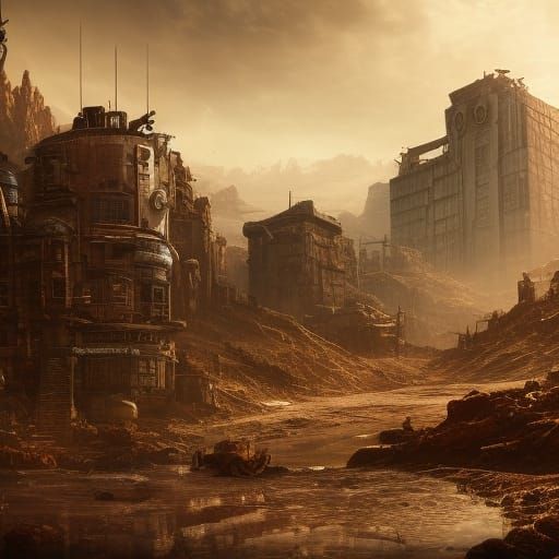 Dystopian Post-Apocalyptic Cityscape in Matte Painting Style