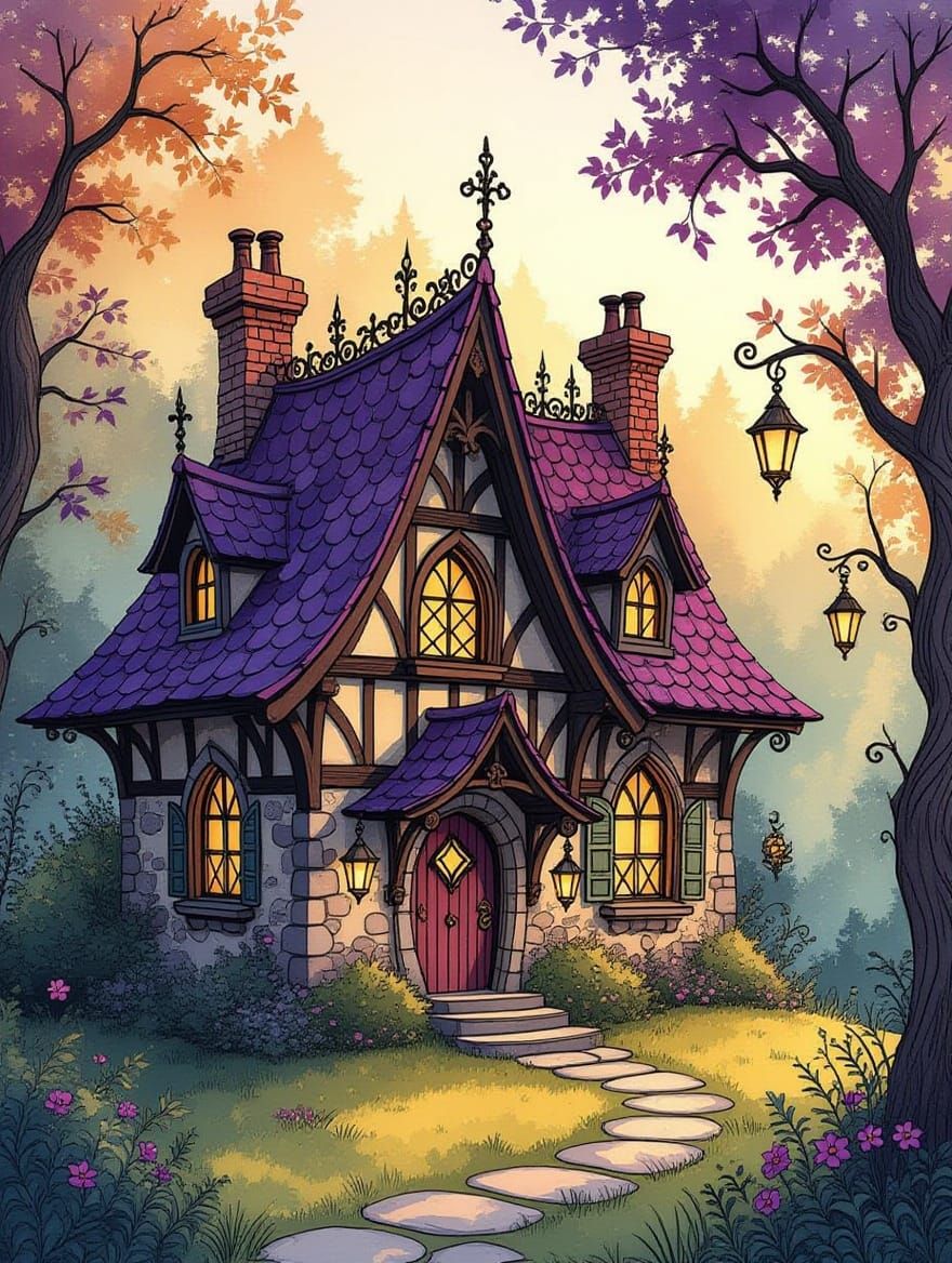 Ancient fairytale cottage, gothic architecture, alcohol ink,  shadowdepth, gloss, polished, cel-shading, ...  by @Bug Artist