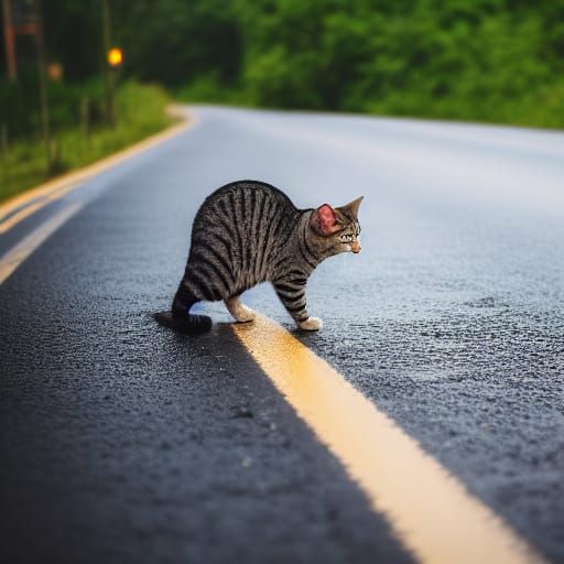 cat on a rainy road