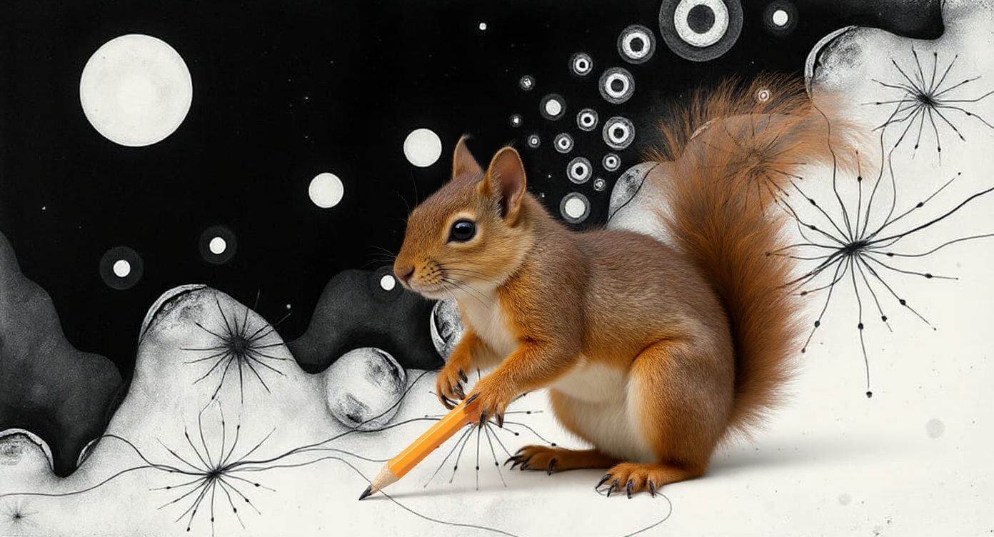 The squirrel draws  and the flowers open and bloom