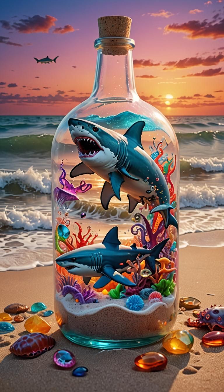 evil shark in a bottle