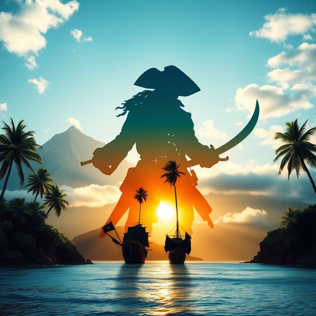 Island Pirate Emerges from Tropical Landscape in Double Expo...