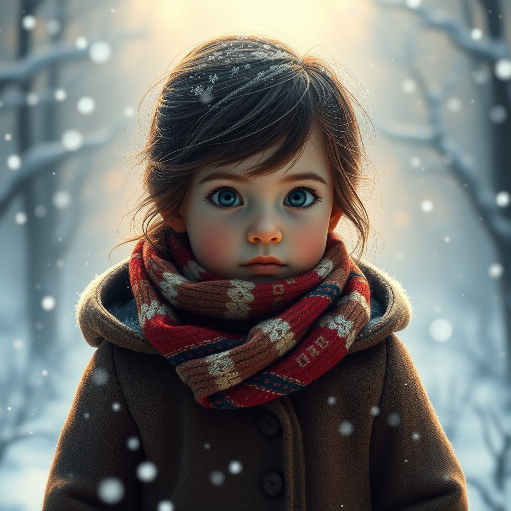 ילדה קטנה חמודה עם צעיף על צווארה עטופה במעיל וסביבה הכל מושלג 