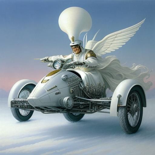 white futuristic sidecar with white 
tires. Egyptian god rid...
