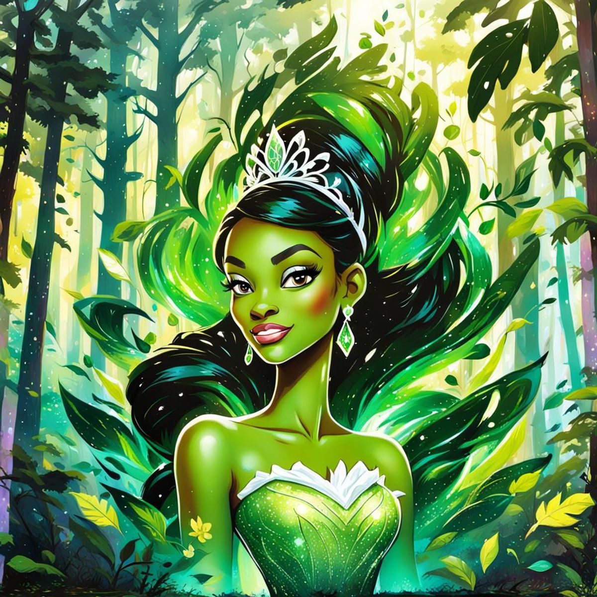 Princess Tiana is glowing in the midst of the forest. WOW! - AI ...