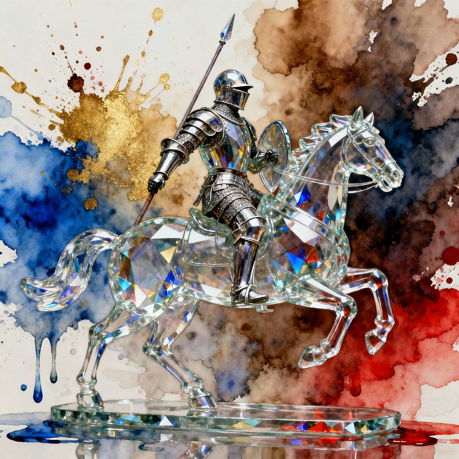 Glass Knight on Crystal Horse in Watercolor Style