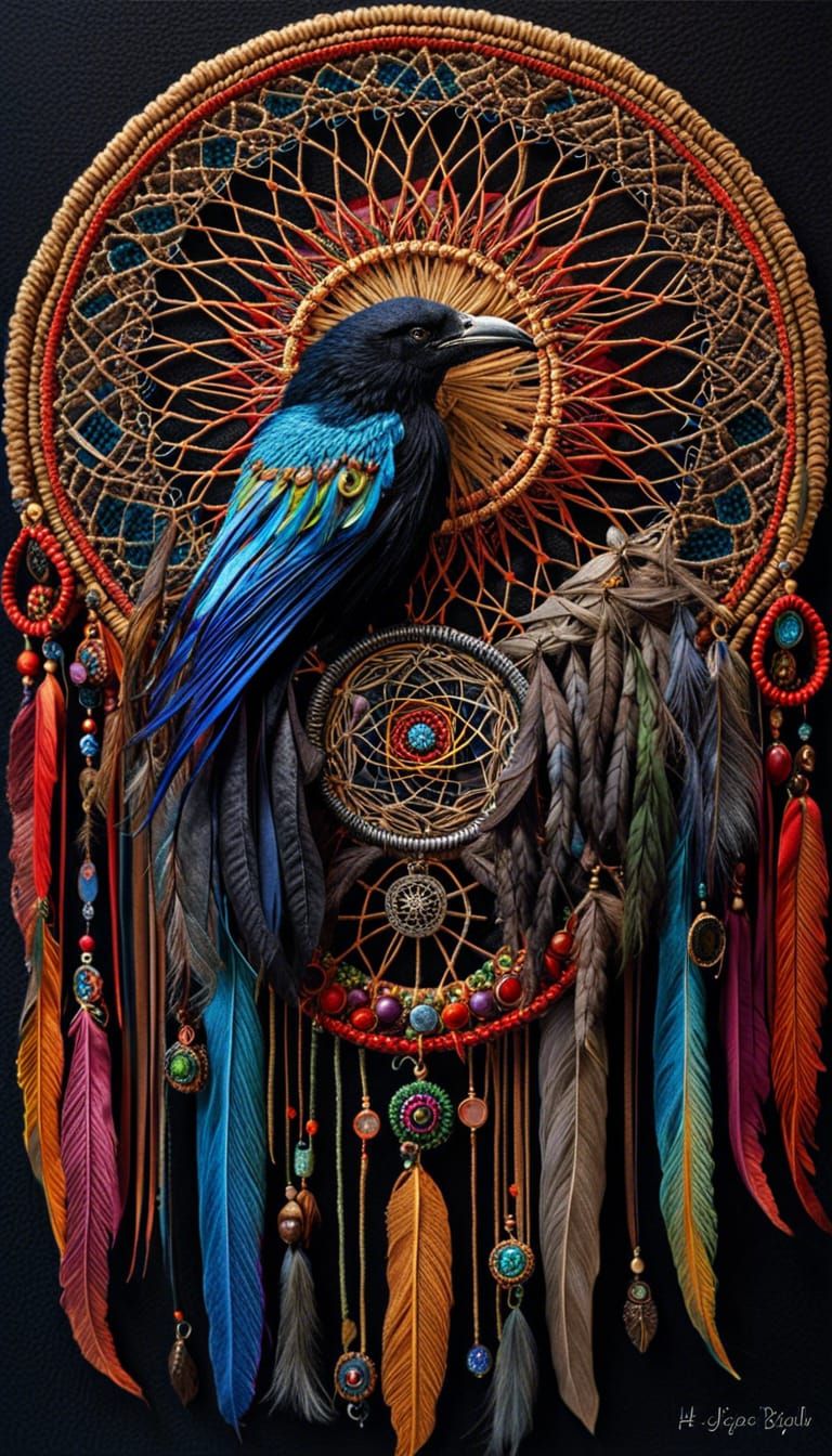 dreamcatcher made of yarn, stones, and raven feathers"    by @The Crazy One