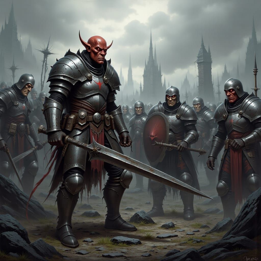 Stoic soldiers stand against Orc attack <lora:Grimdark Fantasy:1.0>