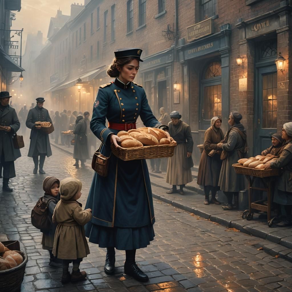a woman of The Salvation Army distributes bread to beggars  by @Pukinette