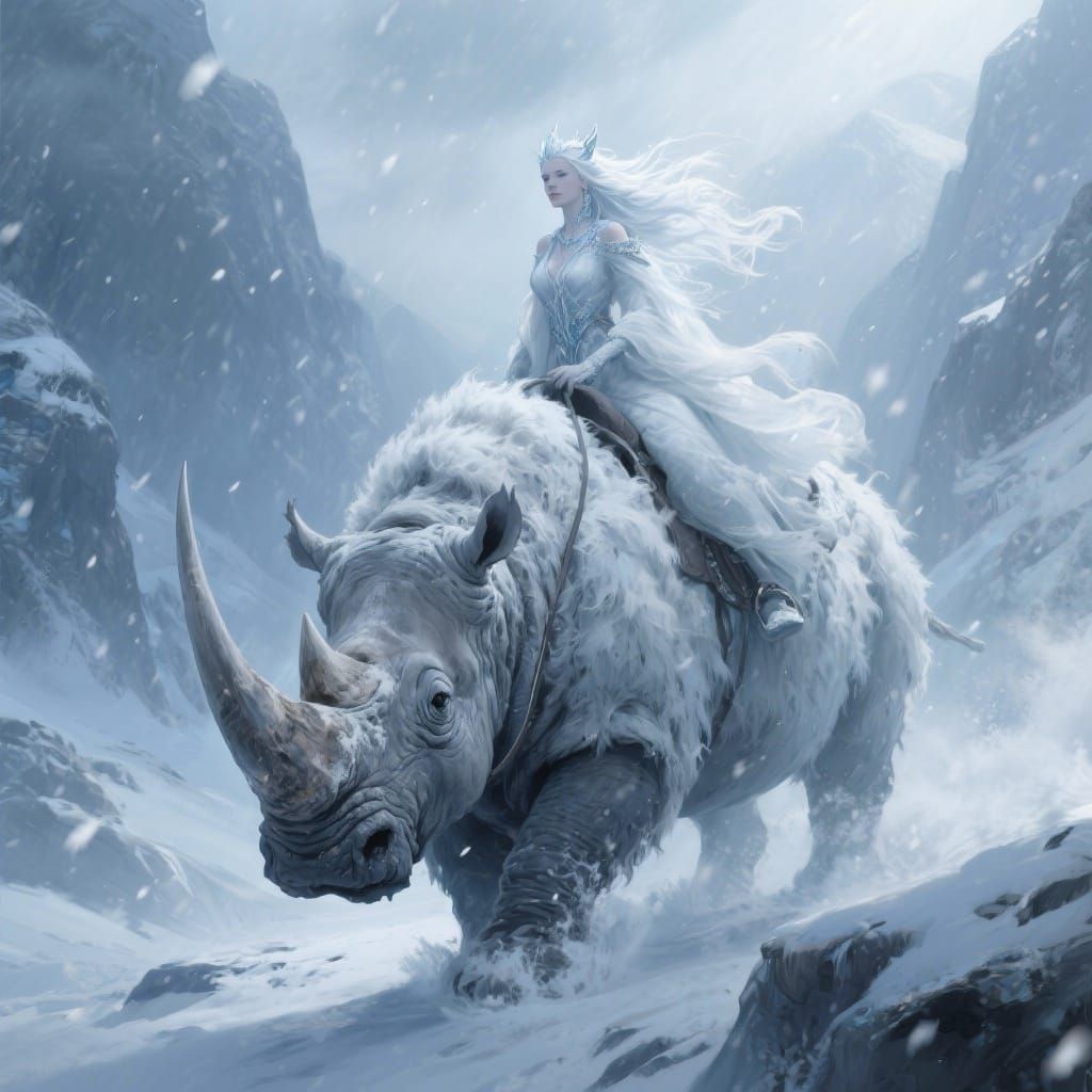An epic digital painting of a serene ice queen with flowing white hair, majestically riding a colossal, woolly rhinoceros. They traverse a d...