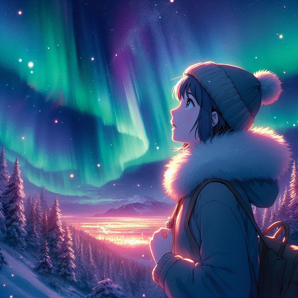 Anime girl northern lights