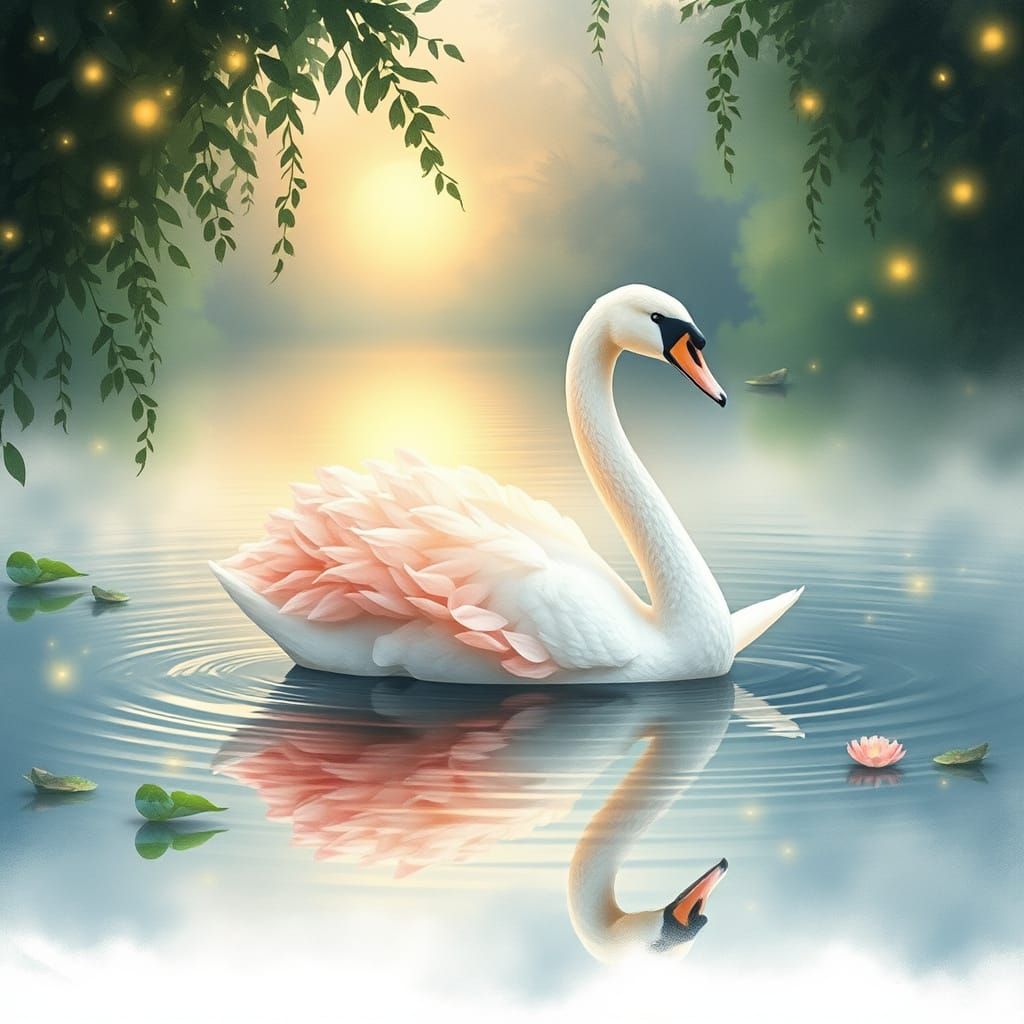 A graceful swan with feathers made of delicate flower petals, gliding across a tranquil lake surrounded ...  by @Fae-and-Darkness