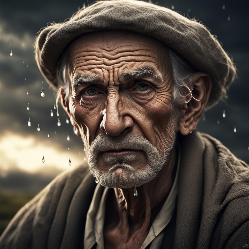 (sharp focus:1.2), an award winning photo of an old man peasant, water droplets, thunderstorm outside, ...  by @undefined