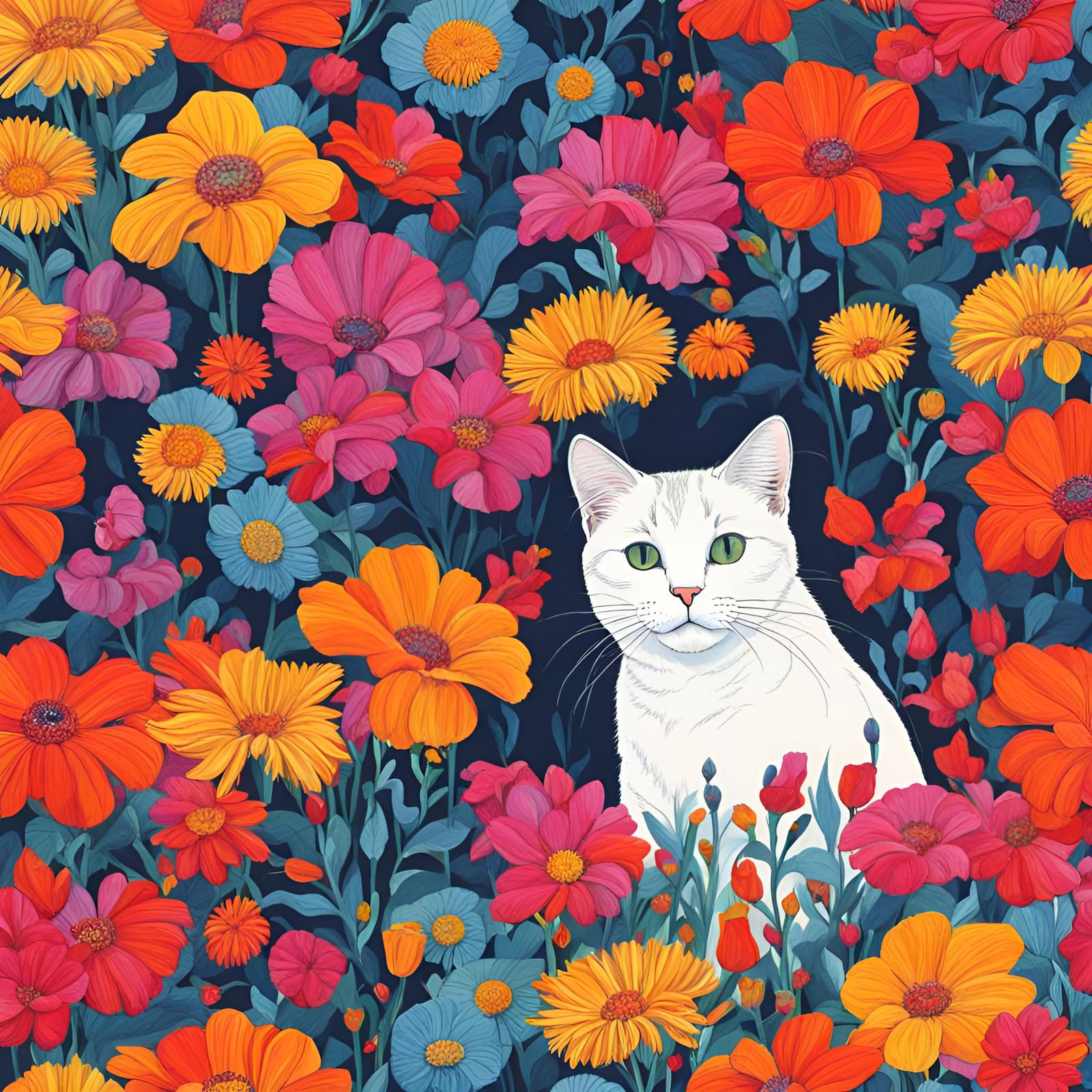 cat in bright flowers